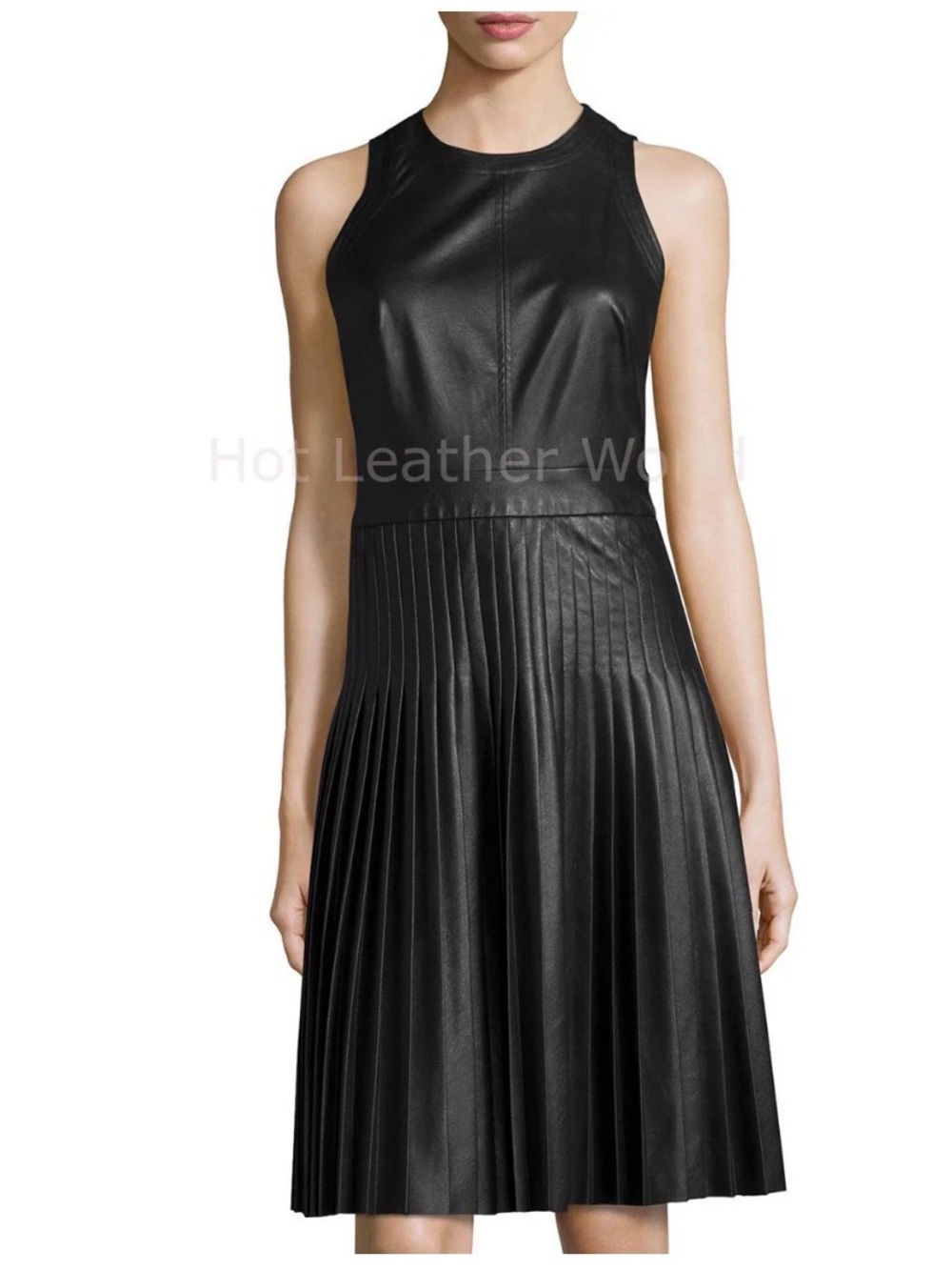 Rebecca Taylor Black Sleeveless Faux Leather Pleated Midi Dress